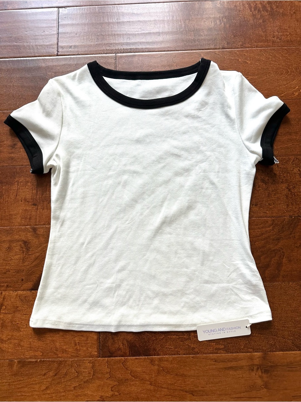 Darong NWT White Black Ringer Tee Ribbed Stretch Top XL - Picture 2 of 9